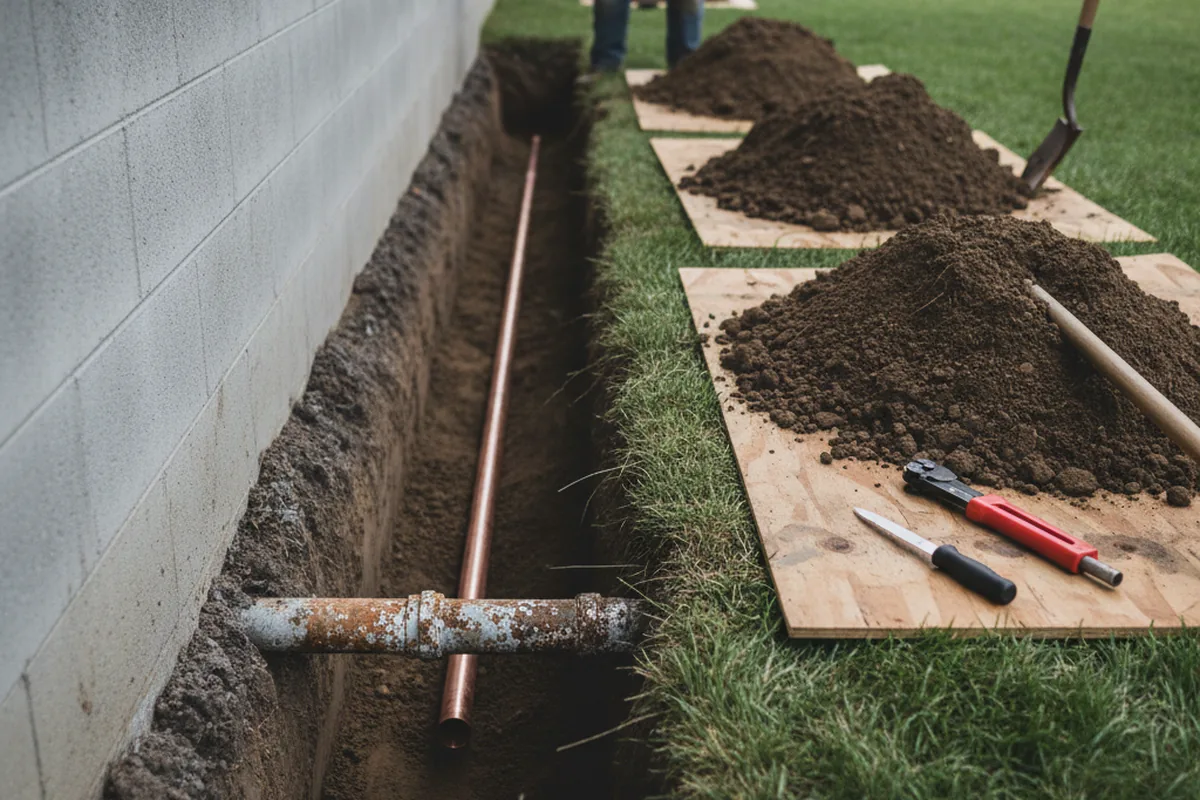 Excavated water line trench during Water Softener Installation in Holualoa